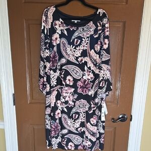 Sandra Darren-Black paisley print jersey dress 3/4 sleeves Sz 3X NWT.